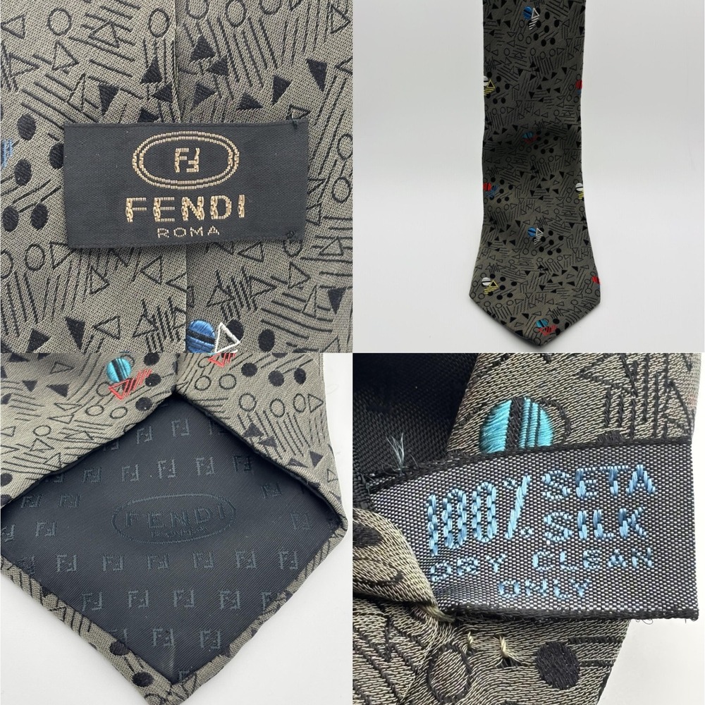 Fendi Necktie Mens OS Gray Silk Geometric Abstract Pattern Made in Italy Tie